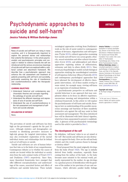 Psychodynamic Approaches to Suicide and Self-Harm