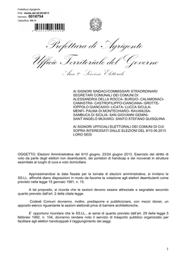 Prefettura Di Agrigento Ufficio Territoriale Del Governo Area 2 ^- Servizio Elettorale