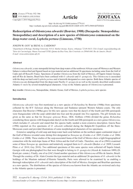 Redescription of Odontozona Edwardsi (Bouvier, 1908) (Decapoda: Stenopodidea: Stenopodidae) and Description of a New Species Of