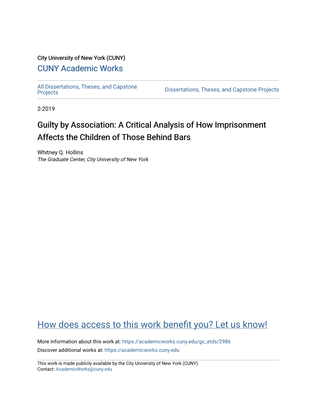 Guilty by Association: a Critical Analysis of How Imprisonment Affects the Children of Those Behind Bars