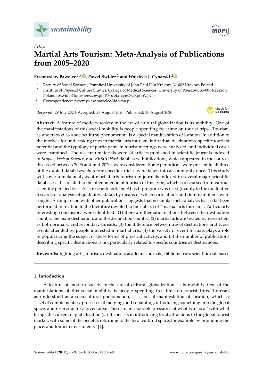 Martial Arts Tourism: Meta-Analysis of Publications from 2005–2020