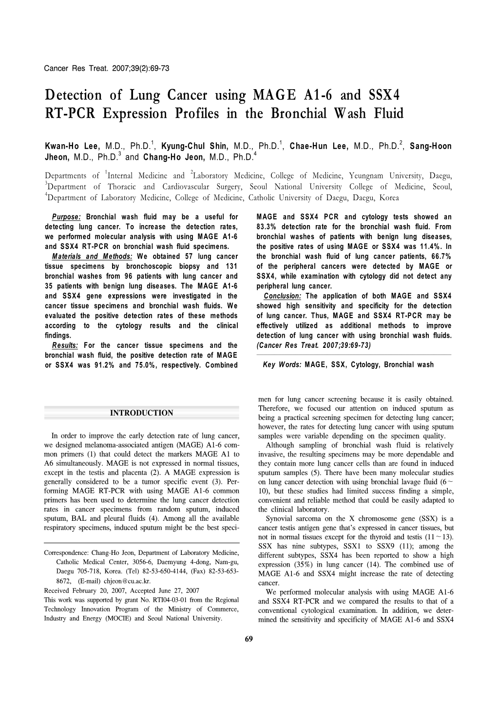 Detection of Lung Cancer Using MAGE A1-6 and SSX4 RT-PCR Expression Profiles in the Bronchial Wash Fluid