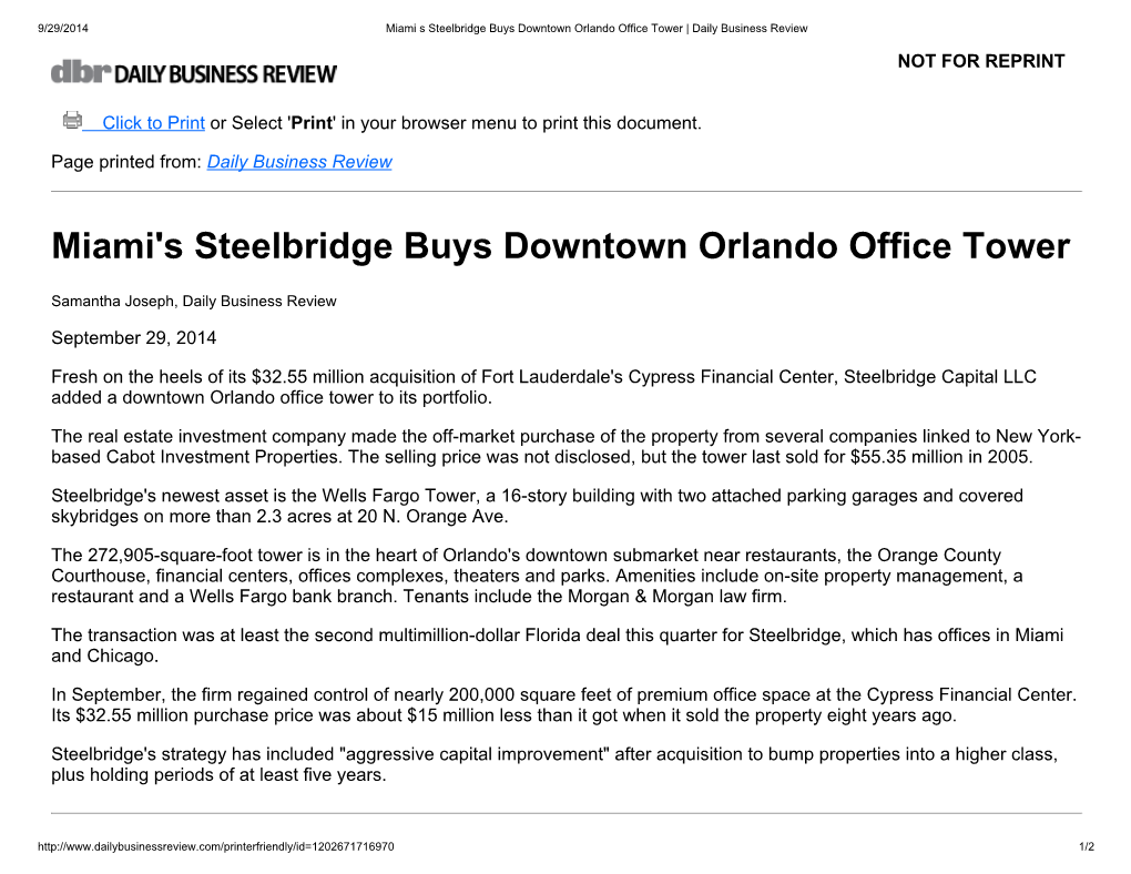 Miami's Steelbridge Buys Downtown Orlando Office Tower