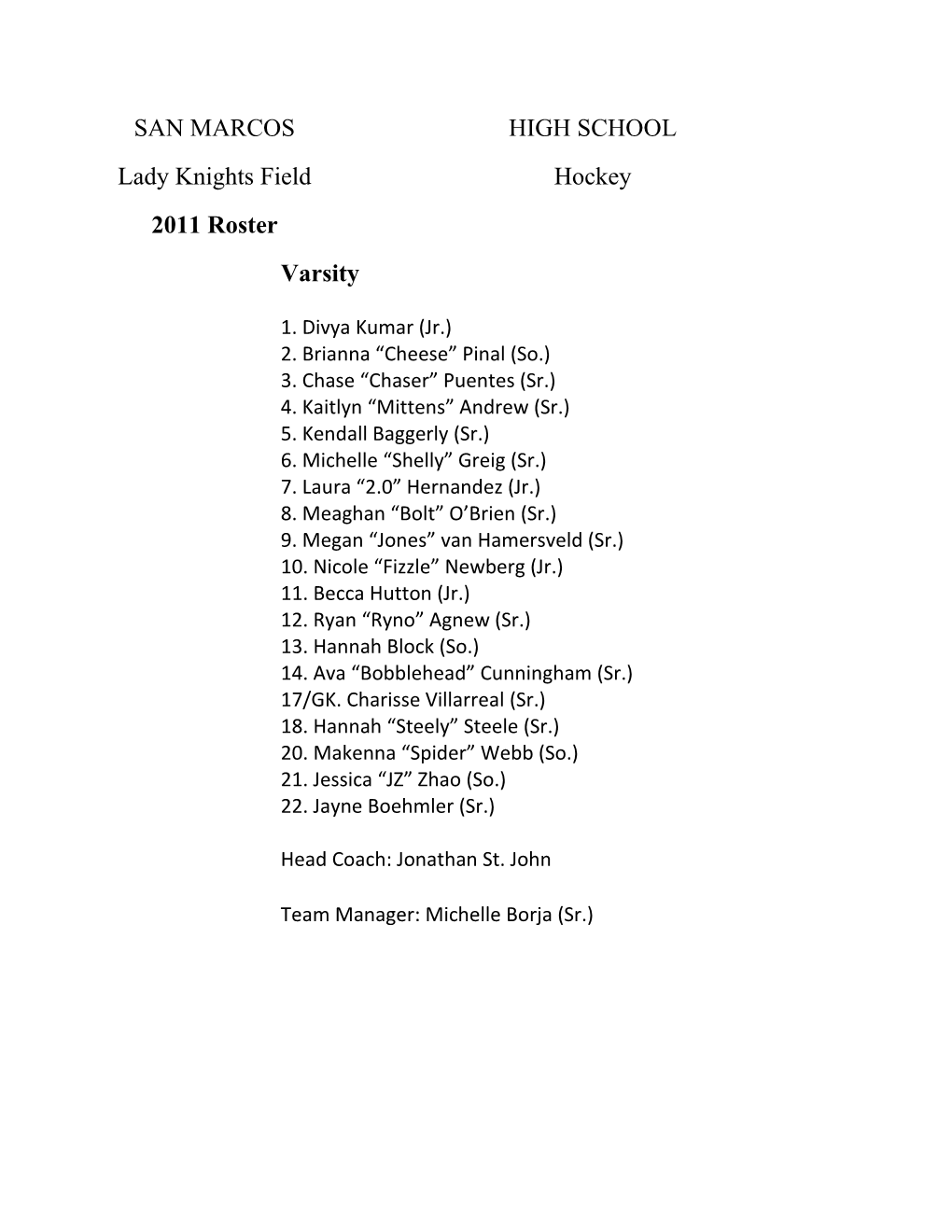 Lady Knights Field Hockey