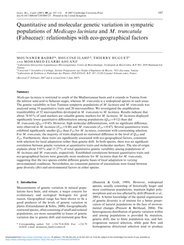 Quantitative and Molecular Genetic Variation in Sympatric Populations of Medicago Laciniata and M