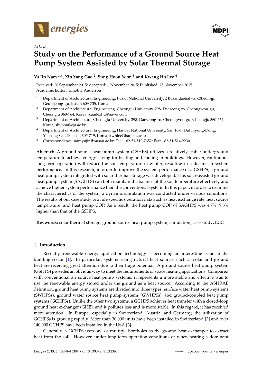 Study on the Performance of a Ground Source Heat Pump System Assisted by Solar Thermal Storage