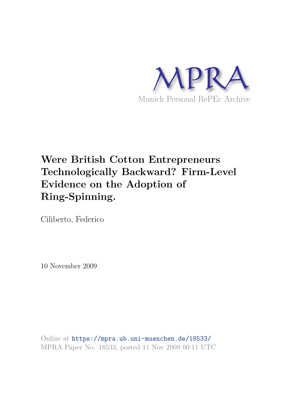 Were British Cotton Entrepreneurs Technologically Backward? Firm-Level Evidence on the Adoption of Ring-Spinning