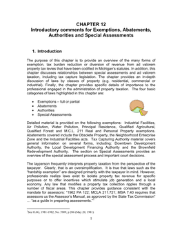 CHAPTER 12 Introductory Comments for Exemptions, Abatements, Authorities and Special Assessments