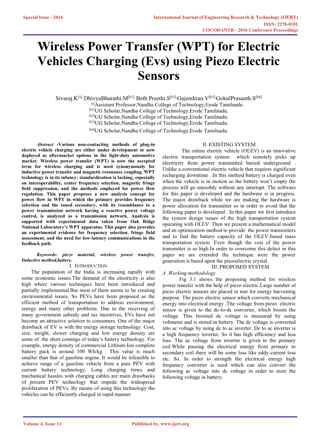 For Electric Vehicles Charging (Evs) Using Piezo Electric Sensors