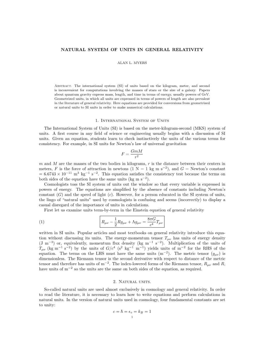 Natural System of Units in General Relativity