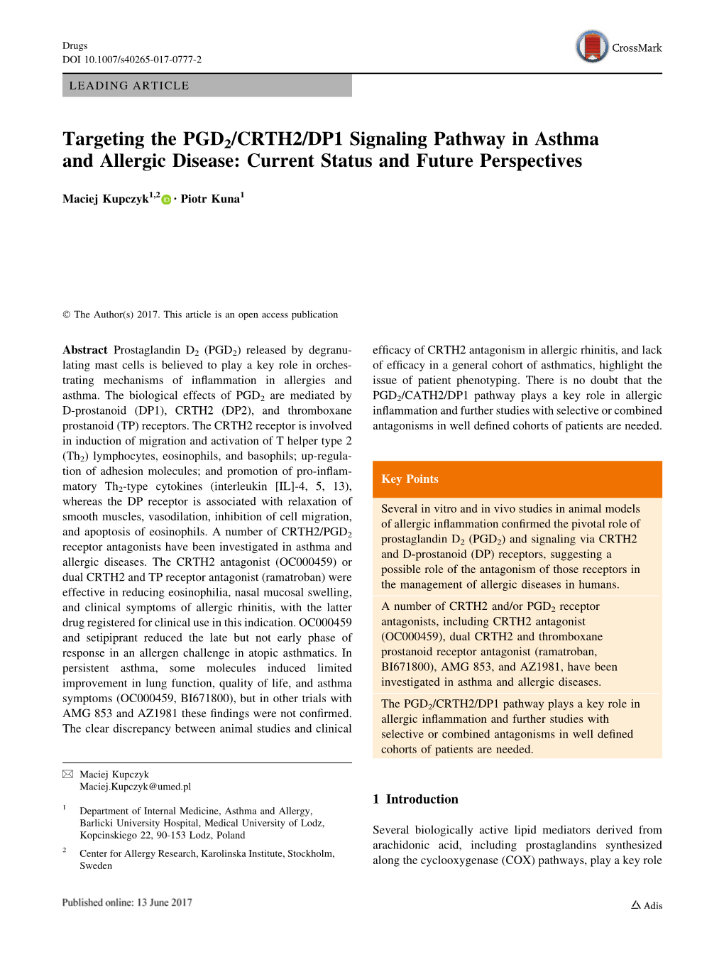 Targeting the PGD2/CRTH2/DP1 Signaling Pathway in Asthma and Allergic Disease: Current Status and Future Perspectives