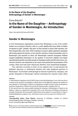 Anthropology of Gender in Montenegro. an Introduction