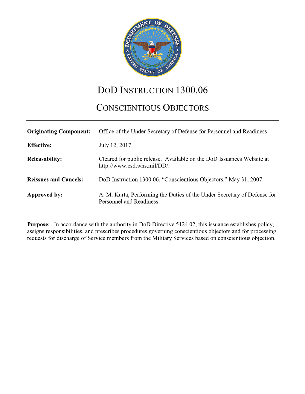 Dod Instruction 1300.06, “Conscientious Objectors,” May 31, 2007