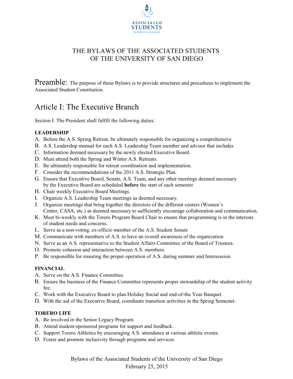 Bylaws of the Associated Students of the University of San Diego