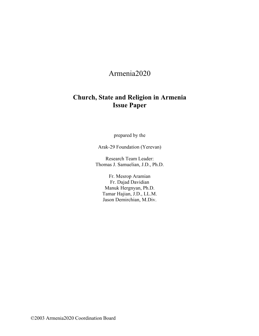 Church, State and Religion in Armenia Issue Paper