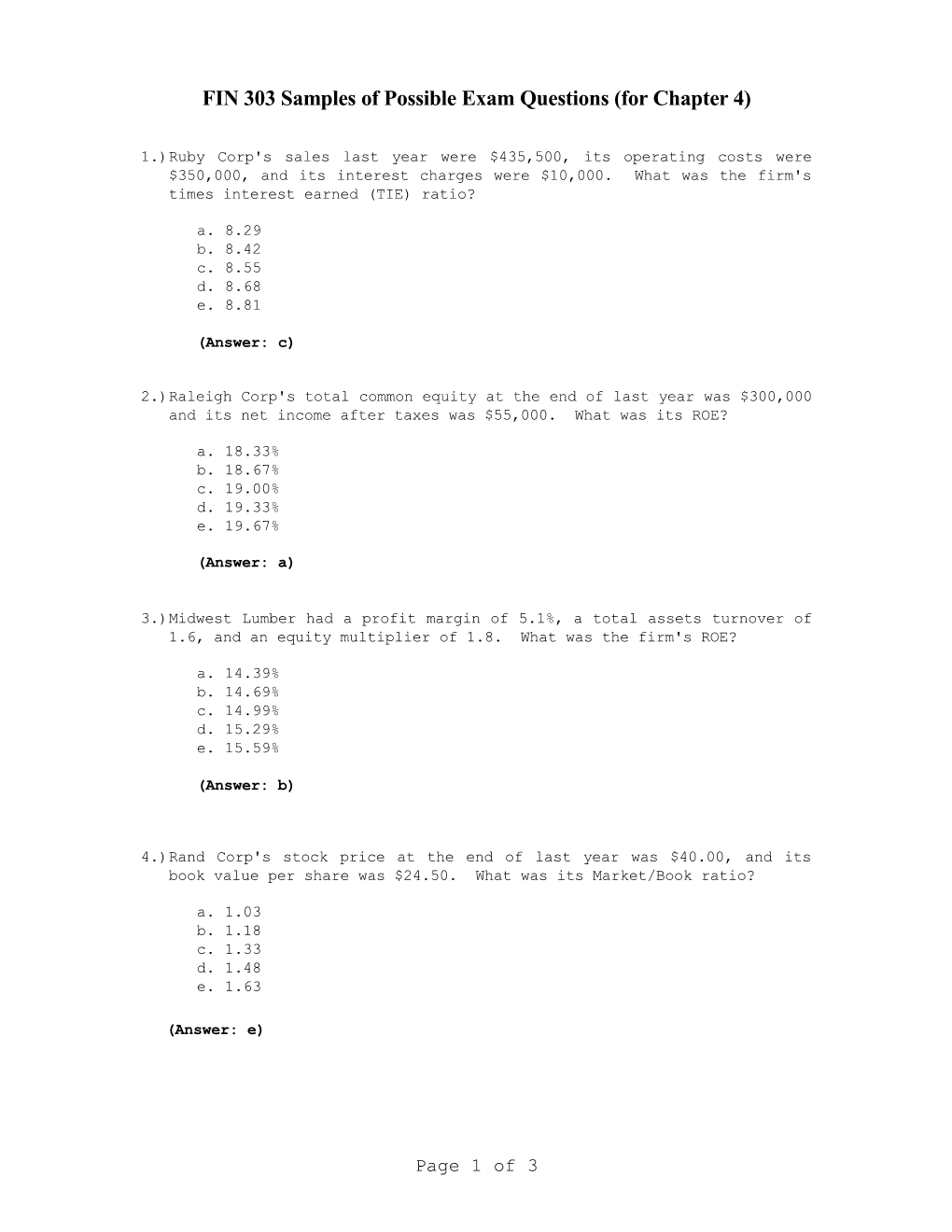 FIN 303 Sample Exam Questions