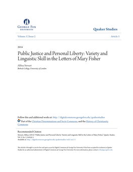 Public Justice and Personal Liberty: Variety and Linguistic Skill in the Letters of Mary Fisher Althea Stewart Birbeck College, University of London