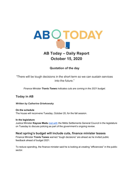 AB Today – Daily Report October 15, 2020