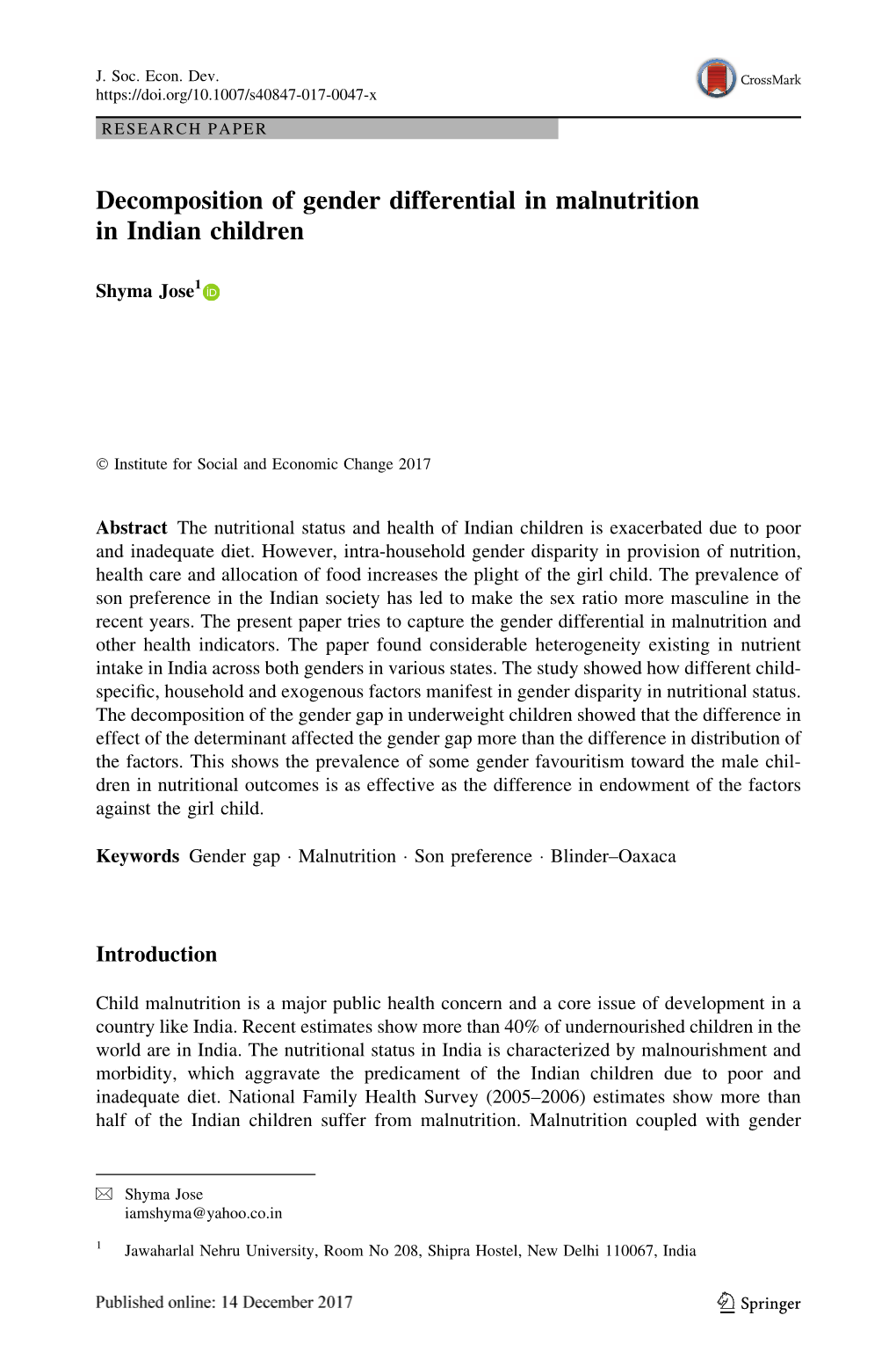 Decomposition of Gender Differential in Malnutrition in Indian Children