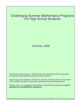 Challenging Summer Mathematics Programs for High School Students