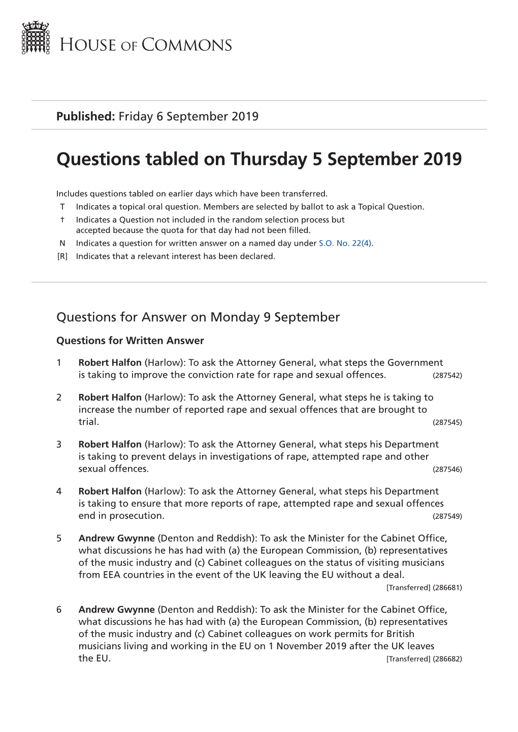 Questions Tabled on Thu 5 Sep 2019