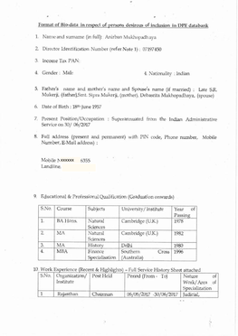 Format of Bio-Data in Respect of Persons Desirous of Inclusionin DPE Databank