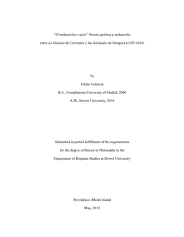 Poesía, Poética Y Melancolía Entre La Galatea De Cervantes Y Las Soledades De Góngora (1585-1614)