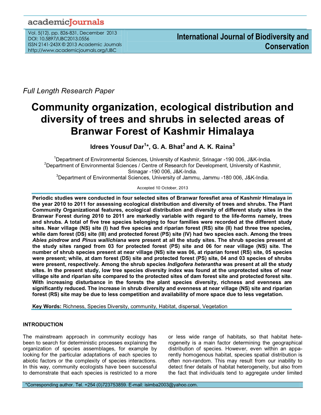 Community Organization, Ecological Distribution and Diversity of Trees and Shrubs in Selected Areas of Branwar Forest of Kashmir Himalaya