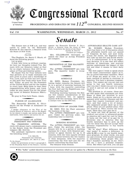 Congressional Record United States Th of America PROCEEDINGS and DEBATES of the 112 CONGRESS, SECOND SESSION