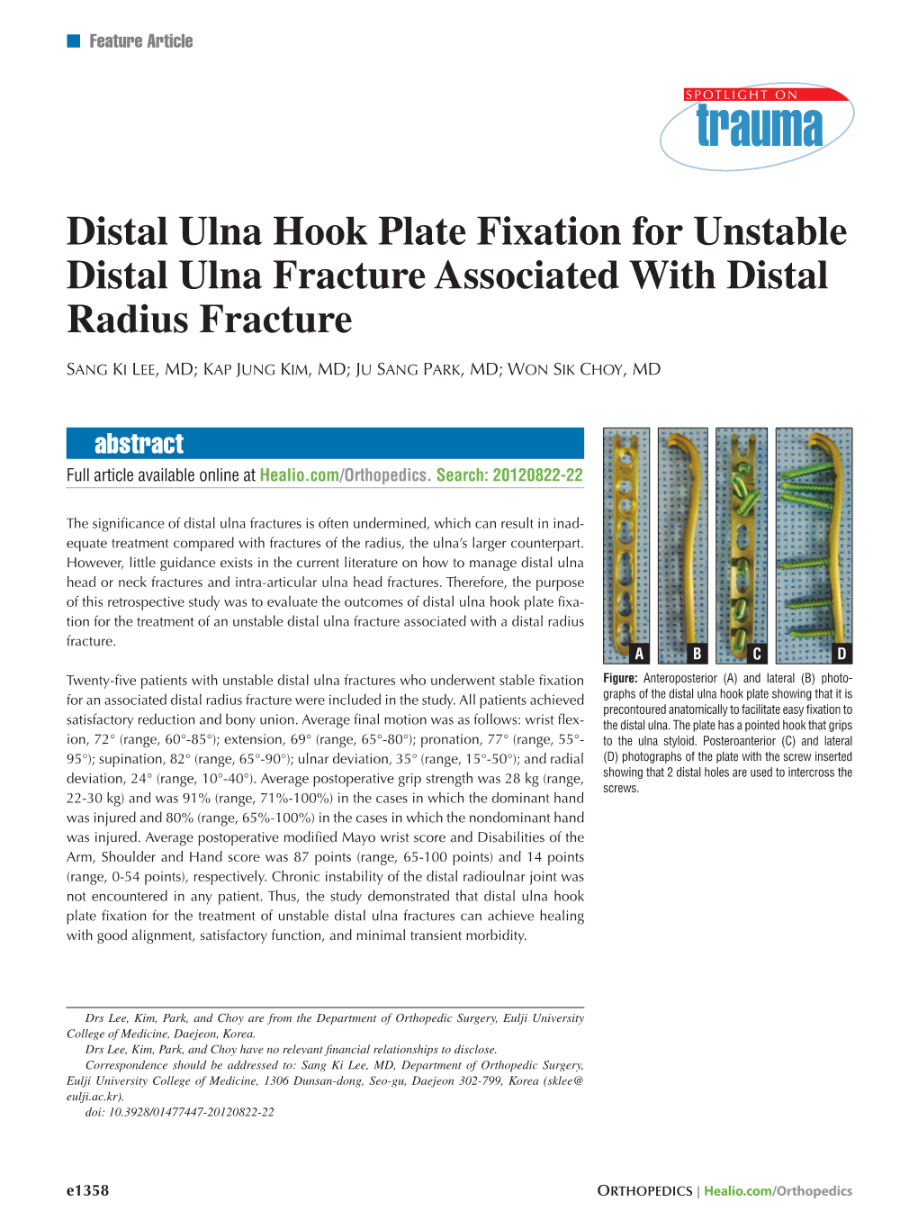 Distal Ulna Hook Plate Fixation for Unstable Distal Ulna Fracture Associated with Distal Radius Fracture