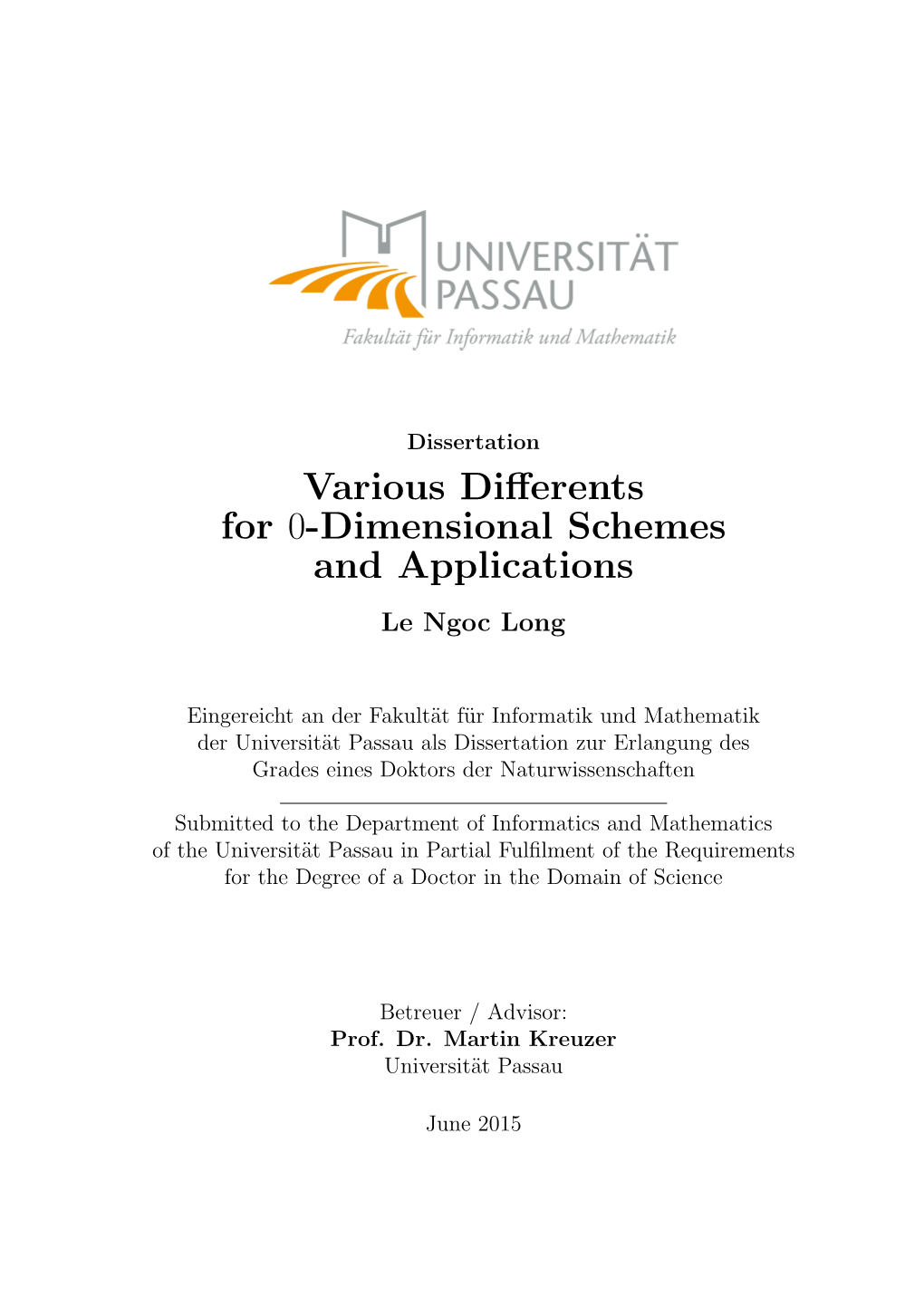 Various Differents for 0-Dimensional Schemes and Applications