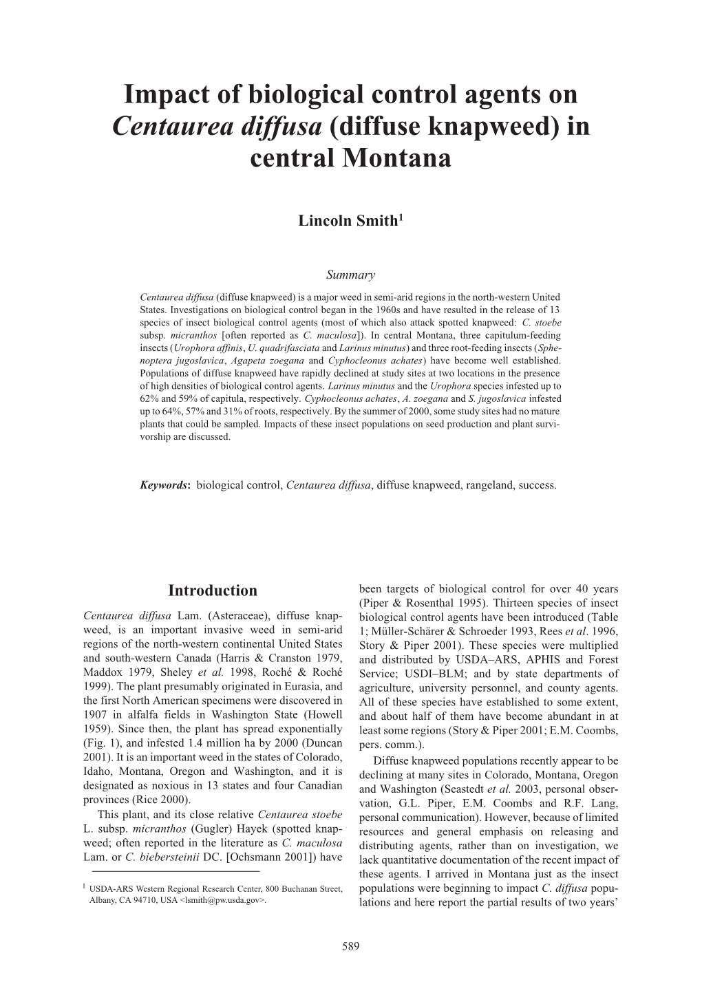 Impact of Biological Control Agents on Centaurea Diffusa (Diffuse Knapweed) in Central Montana