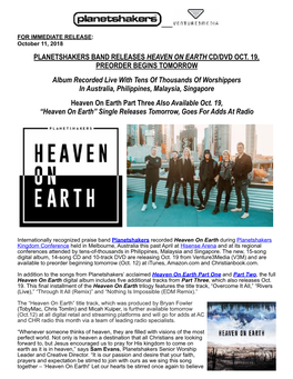 Planetshakers Band Releases Heaven on Earth Cd/Dvd Oct. 19