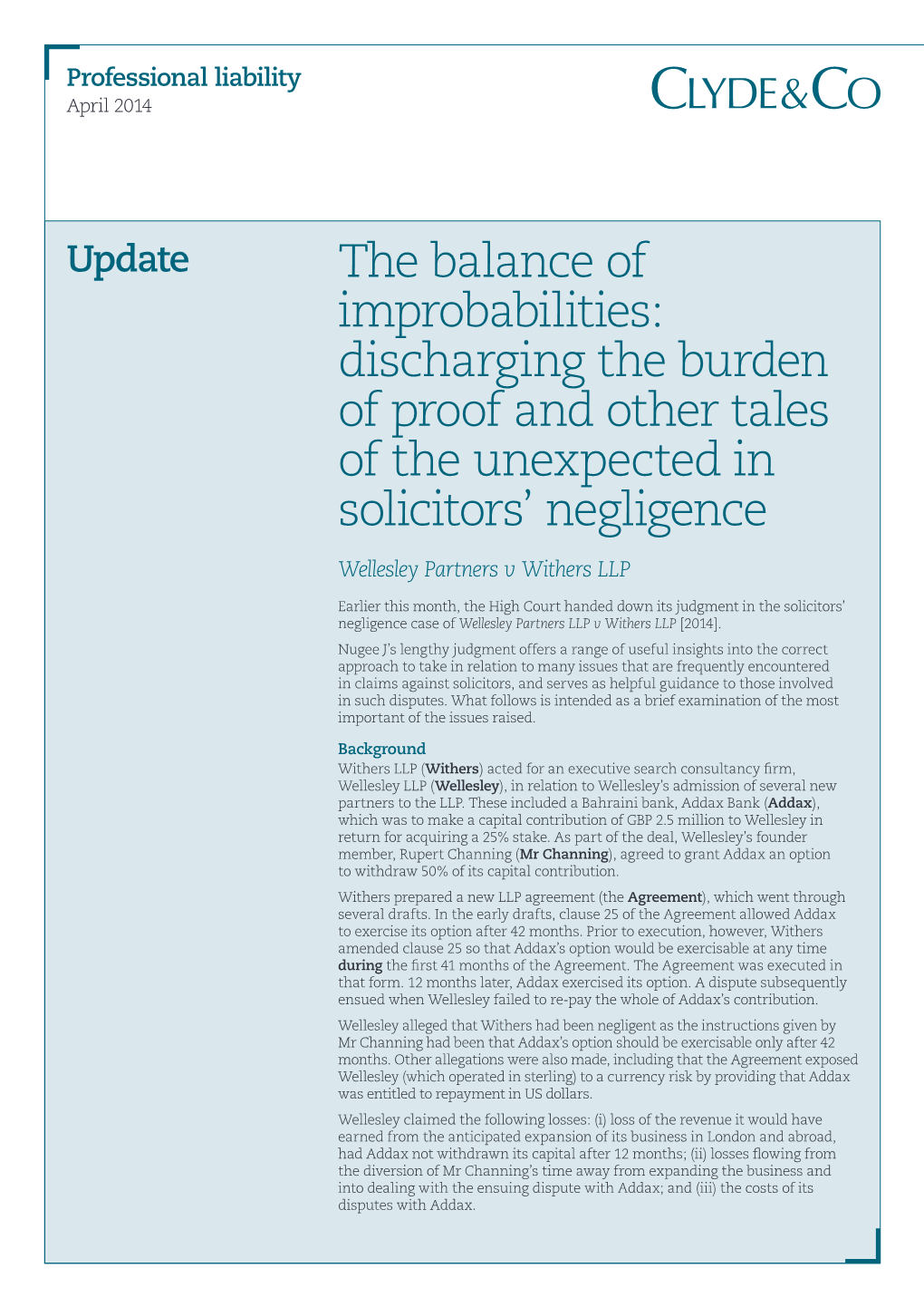 The Balance of Improbabilities: Discharging the Burden of Proof and Other Tales of the Unexpected in Solicitors’ Negligence