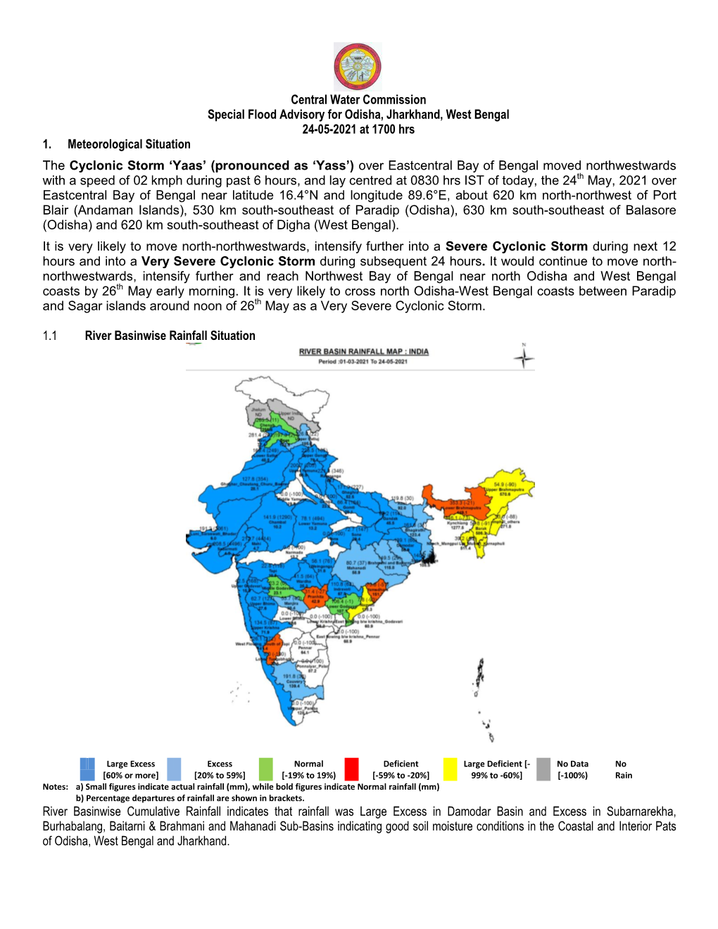 Central Water Commission Special Flood Advisory for Odisha, Jharkhand, West Bengal 24-05-2021 at 1700 Hrs 1