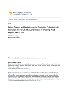 Polish Catholic Immigrant Workers, Politics, and Culture in Wheeling, West Virginia, 1890-1930