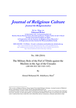 Journal of Religious Culture Journal Für Religionskultur