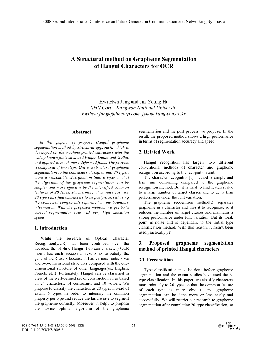 A Structural Method on Grapheme Segmentation of Hangul Characters for OCR