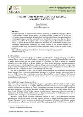 The Historical Phonology of Kriang, a Katuic Language