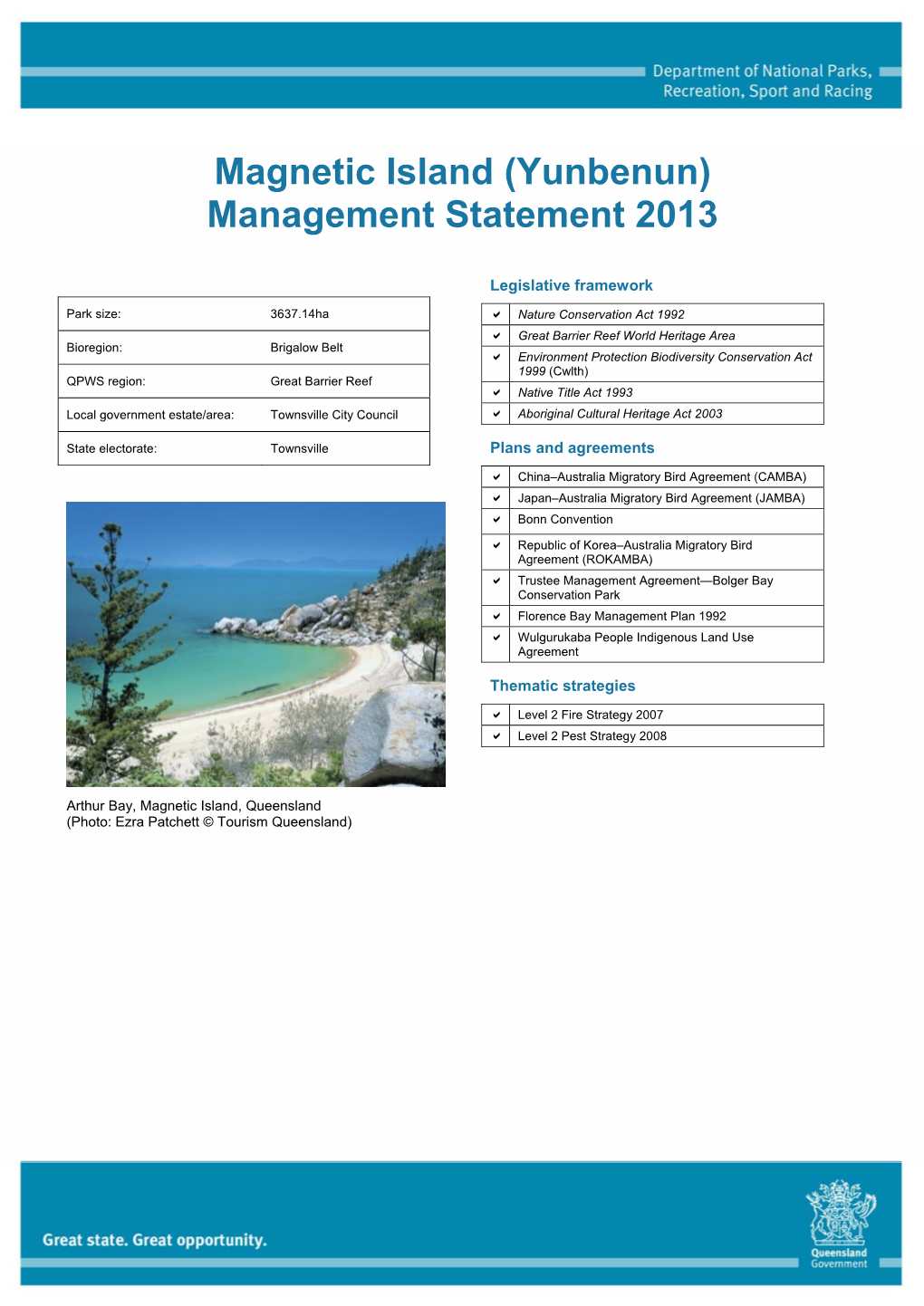 Magnetic Island (Yunbenun) Management Statement 2013