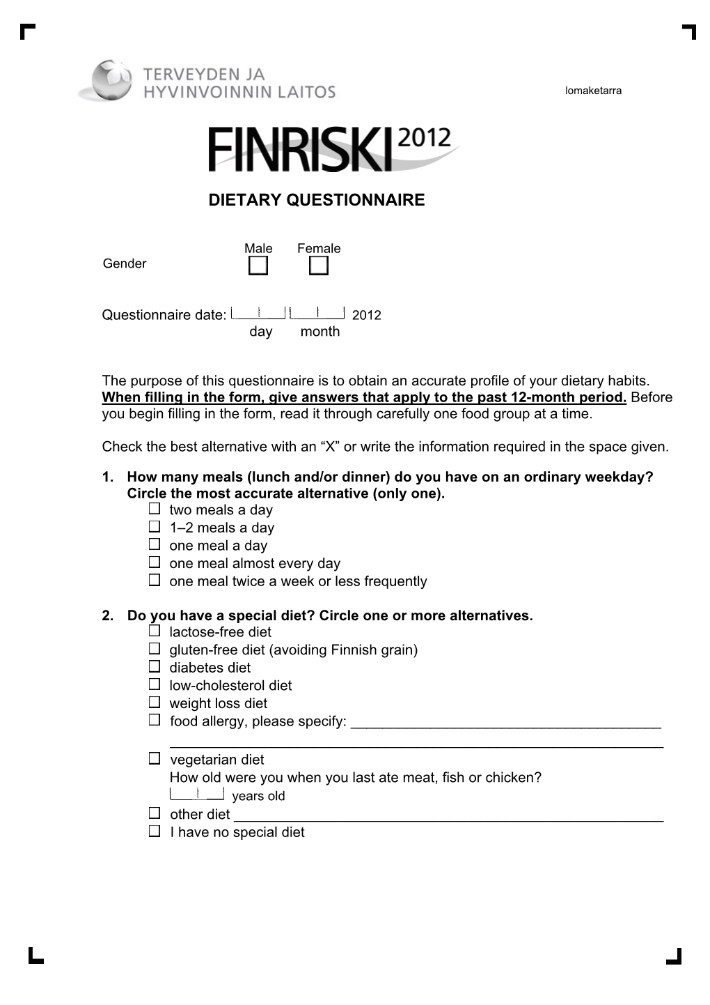 Dietary Questionnaire