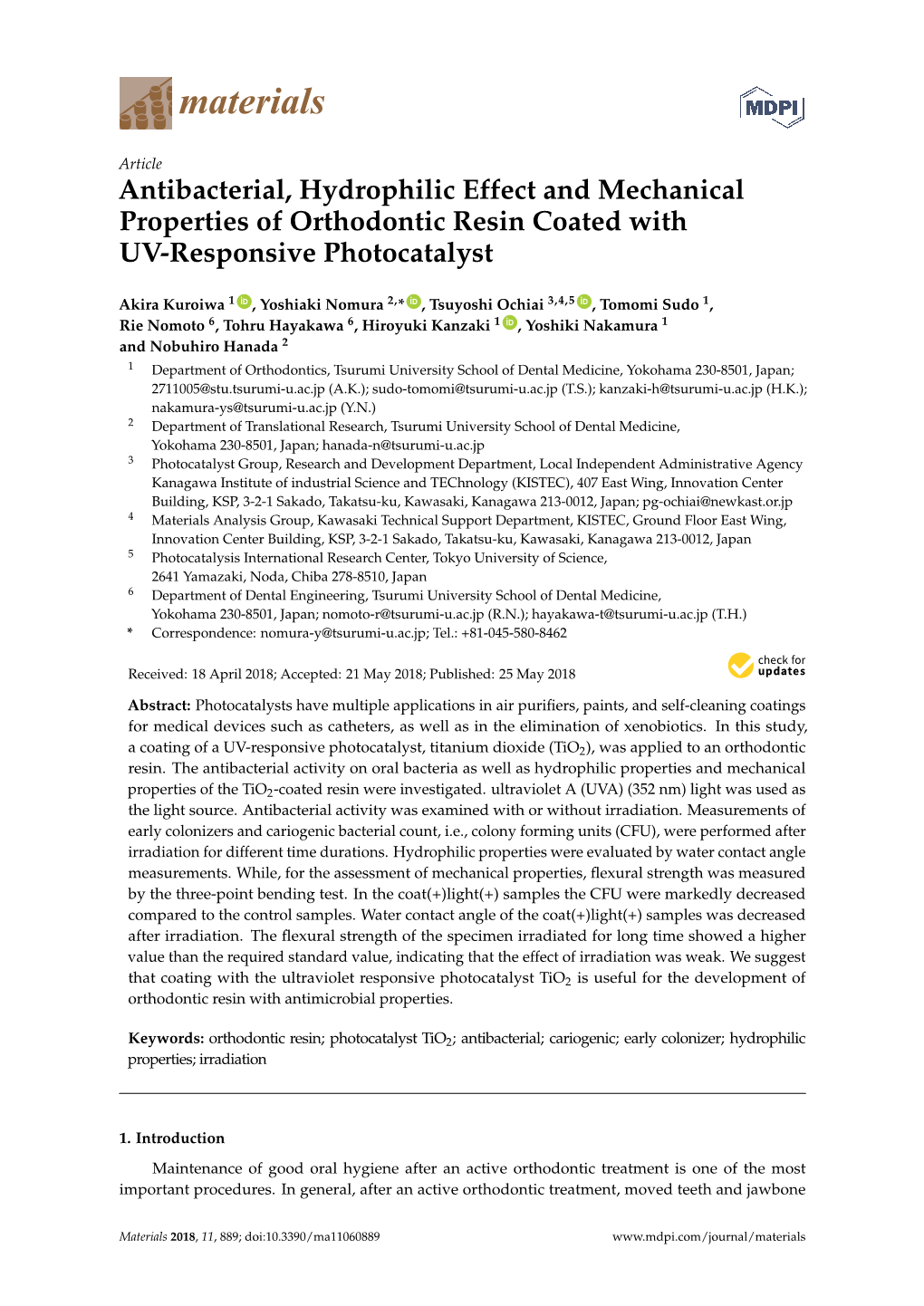 Antibacterial, Hydrophilic Effect and Mechanical Properties of Orthodontic Resin Coated with UV-Responsive Photocatalyst