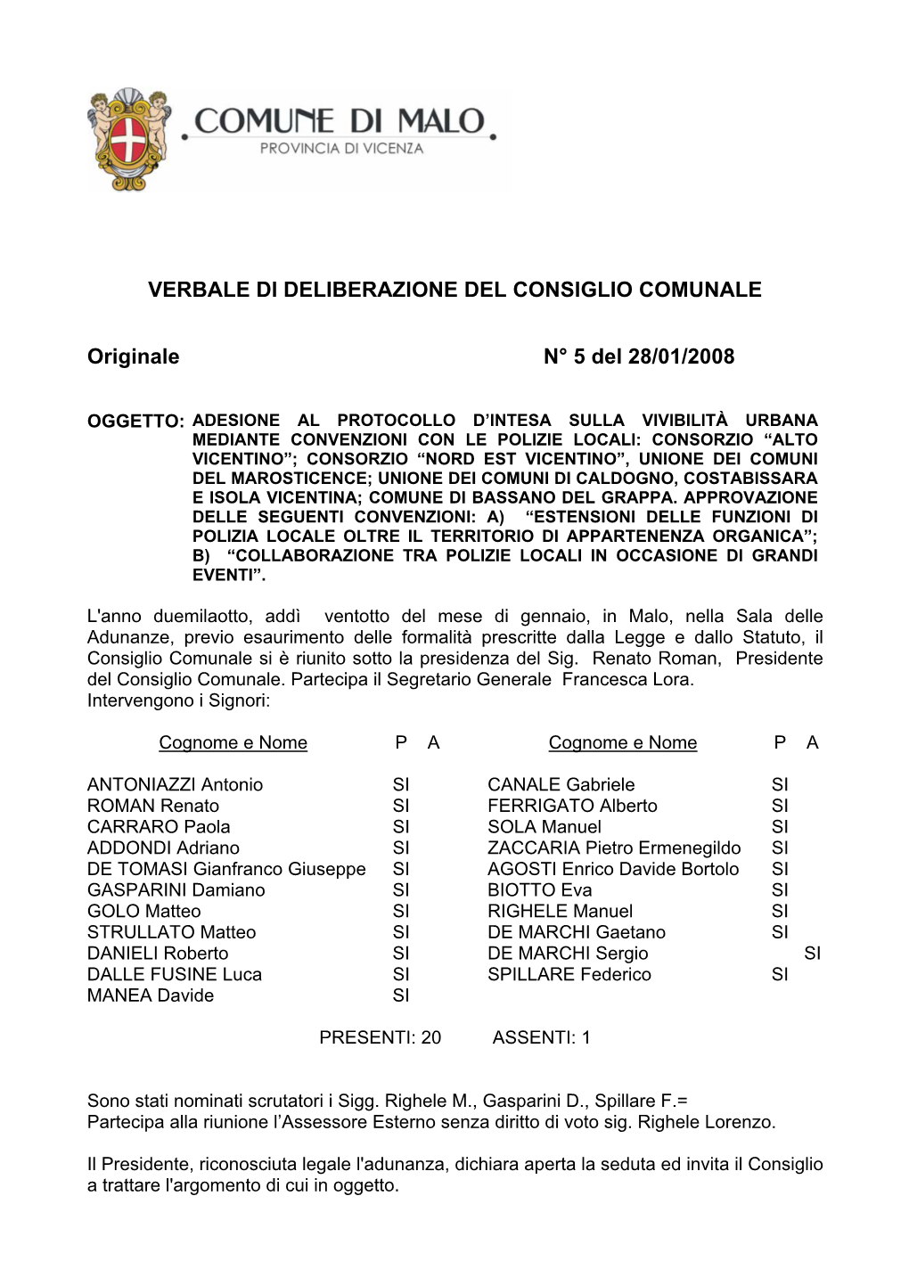 VERBALE DI DELIBERAZIONE DEL CONSIGLIO COMUNALE Originale