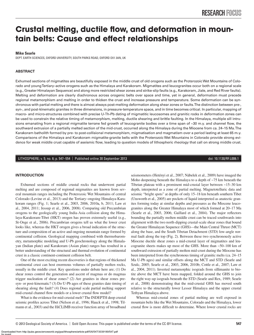 Crustal Melting, Ductile Flow, and Deformation in Moun- Tain Belts