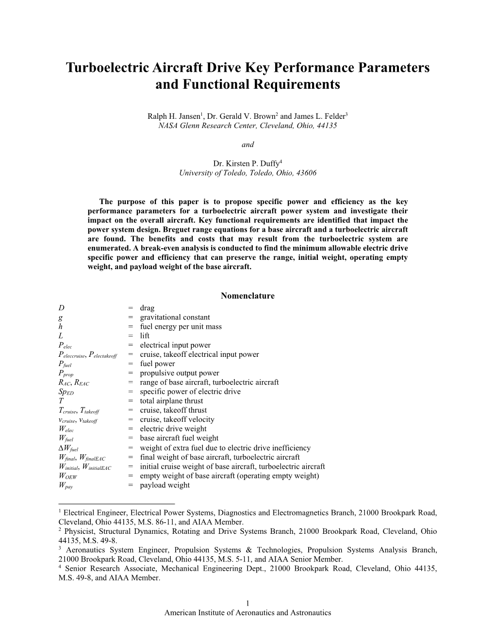 Turboelectric Aircraft Drive Key Performance Parameters and Functional Requirements