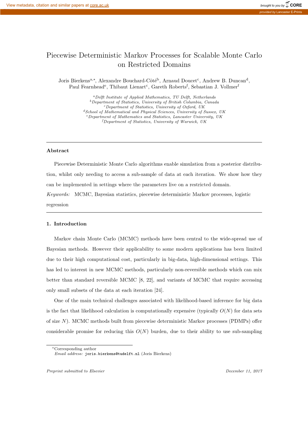 Piecewise Deterministic Markov Processes for Scalable Monte Carlo on Restricted Domains