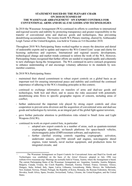 Statement Issued by the Plenary Chair on 2018 Outcomes of the Wassenaar Arrangement on Export Controls for Conventional Arms and Dual-Use Goods and Technologies