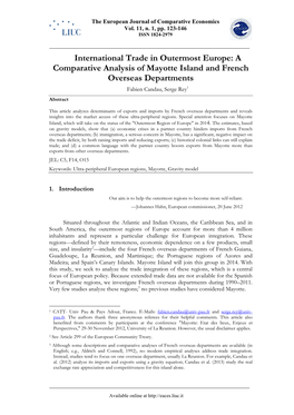 A Comparative Analysis of Mayotte Island and French Overseas Departments Fabien Candau, Serge Rey1 Abstract
