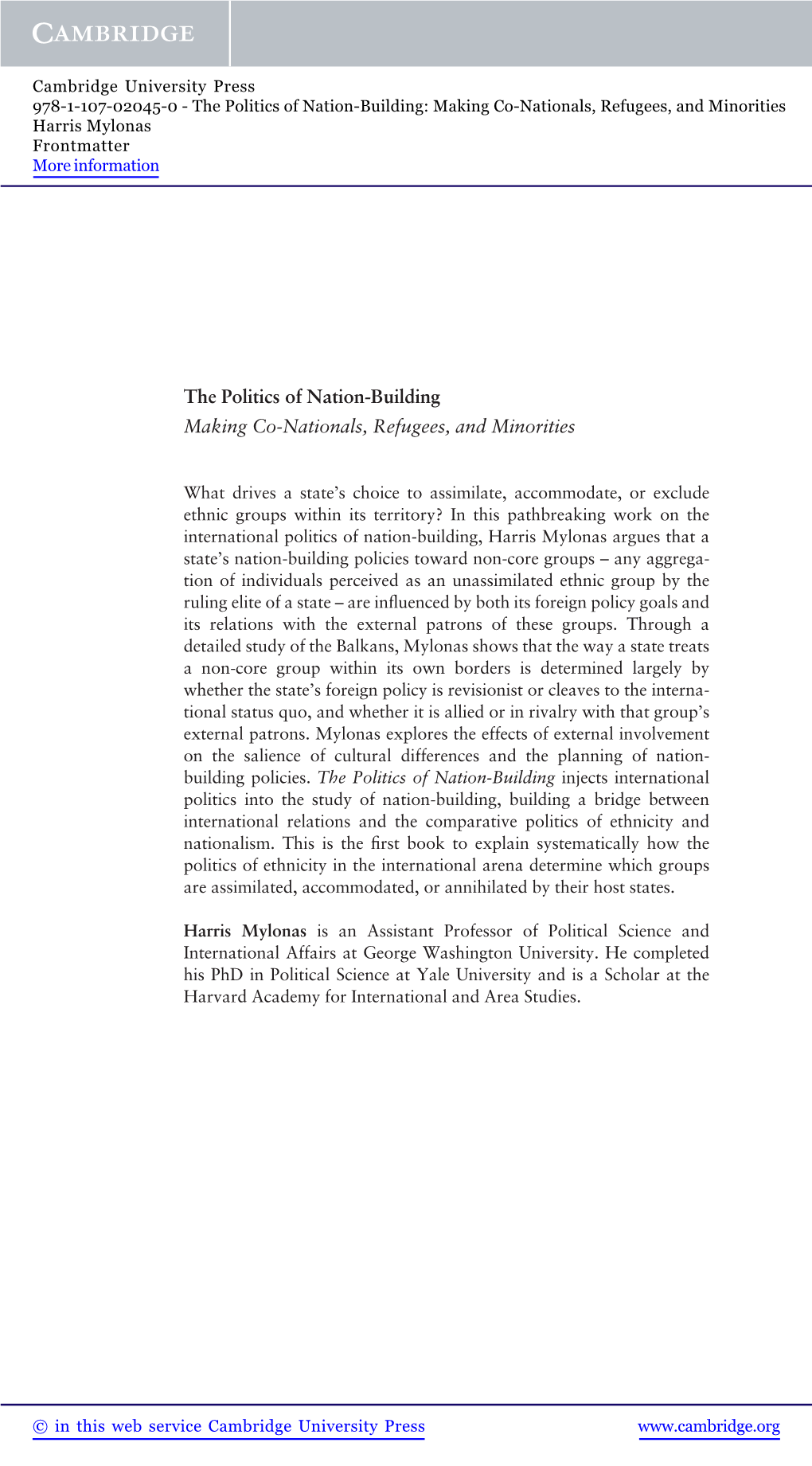 The Politics of Nation-Building: Making Co-Nationals, Refugees, and Minorities Harris Mylonas Frontmatter More Information