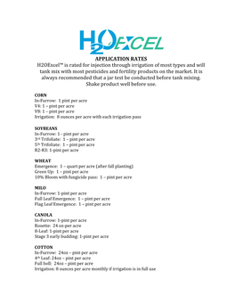 APPLICATION RATES H2oexcel™ Is Rated for Injection Through Irrigation of Most Types and Will Tank Mix with Most Pesticides and Fertility Products on the Market